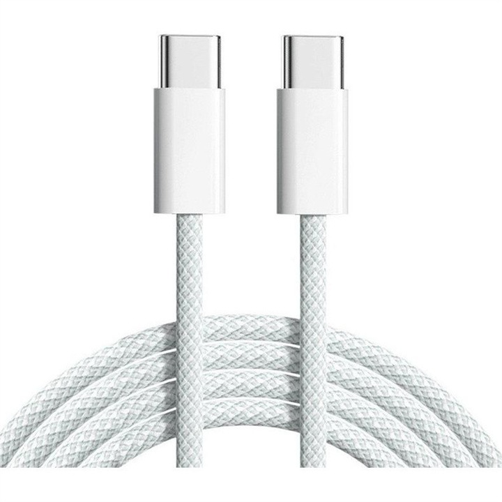 Cablu de date si incarcare USB-C la USB-C 60W, Ultra Fast Charge, 1.5m, impletit, Alb