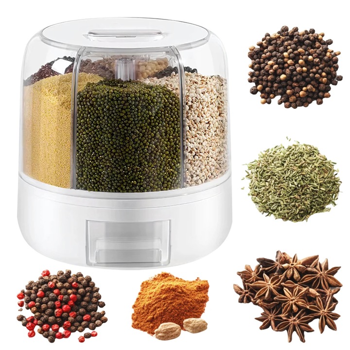 Organizator rotativ pentru bucatarie, Zola, 6 copartimente, rotire 360°, capacitate 1 l, inchidere etansa, 23.5 x 23 cm, alb/transparent