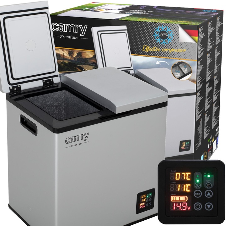 Frigider Portabil Cu Compresor, Camry, Cr 8076, Capacitate 38L, Doua Compartimente Frigider Si Congelator, Alimentare De La Retea 230V Sau Din Priza De Bricheta 12V / 24V, Interval De Temperatura +10°C Pana La 20°C, 54 x 35 x 52 cm, Gri