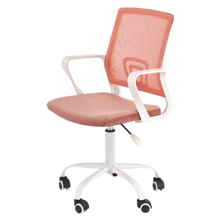 Scaun birou copii HM Frodo, mesh, inaltime reglabila, rotire 360 ˚, cadru polipropilena, 80 kg, alb/roz