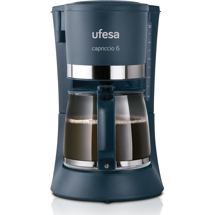 Cafetiera Ufesa CG7114 Capriccio, 6 cesti, 600 W, cana de 0, 6 L, sistem anti-picurare, oprire automata, albastru