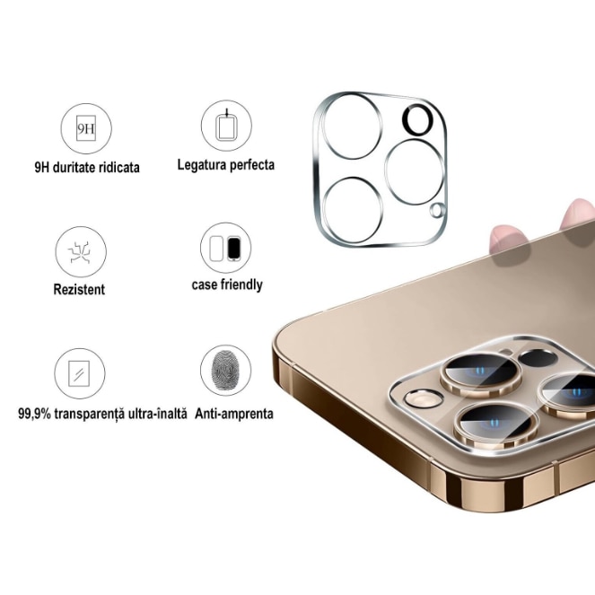 Folie de protectie Camera compatibila cu iPhone 16 Pro / Pro Max, Sticla Securizata, Protectie antisoc, Transparent