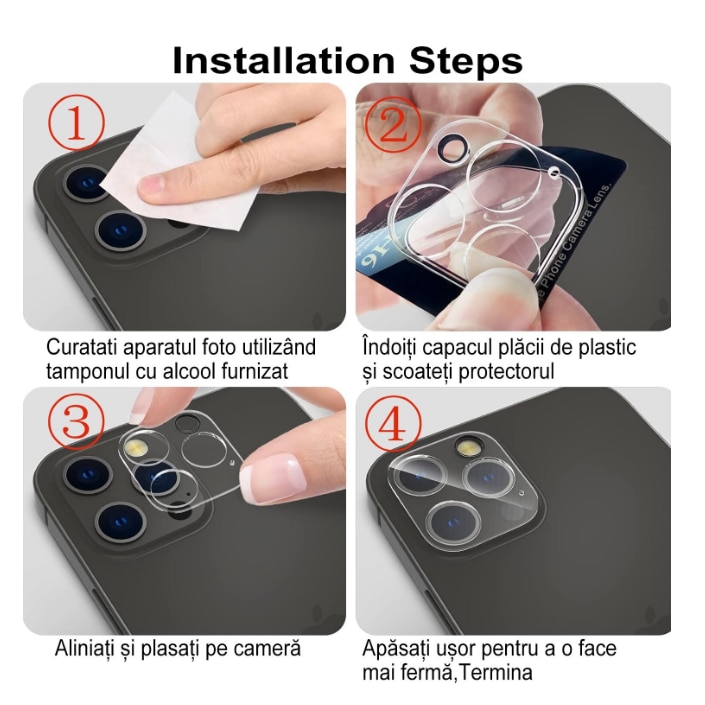 Folie de protectie Camera compatibila cu iPhone 16 Pro / Pro Max, Sticla Securizata, Protectie antisoc, Transparent