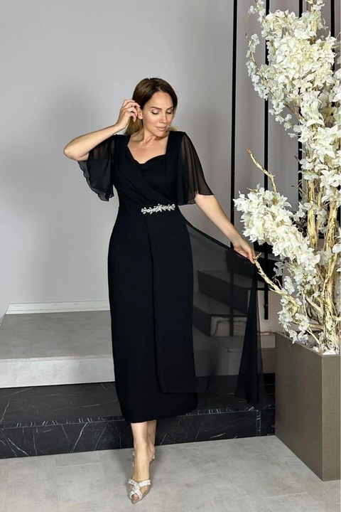 Rochie de seara G1426 din sifon si pietre, Negru