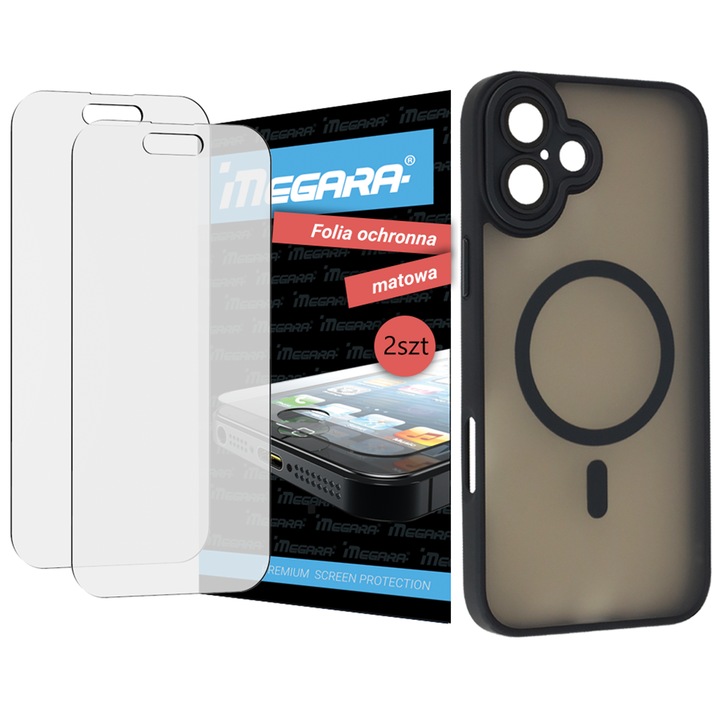 Folie protectoare MATT pentru iPhone 16 + Carcasa MagSafe negru TPU