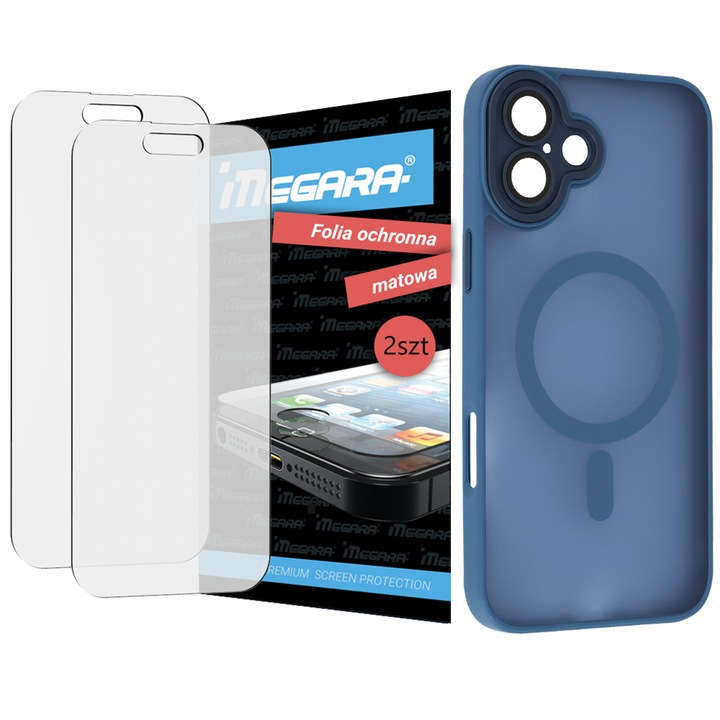 Folie protectoare MATT pentru iPhone 16 + HUSA TPU albastra MagSafe