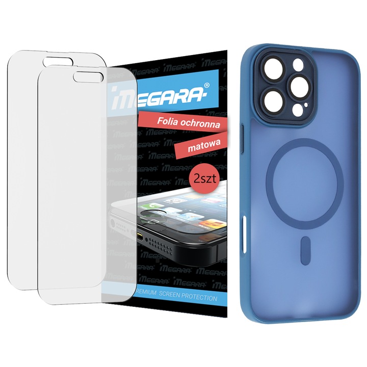 Folie protectoare MATTE pentru iPhone 16 Pro + husa TPU albastra MagSafe