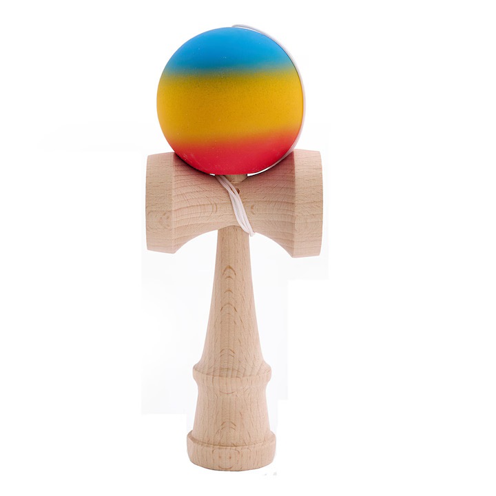 Kendama profesionala din lemn natural cu grip, 18 cm, joc de indemanare potrivit pentru copii si adulti, model cu design gradient „Tricolor Vibe”