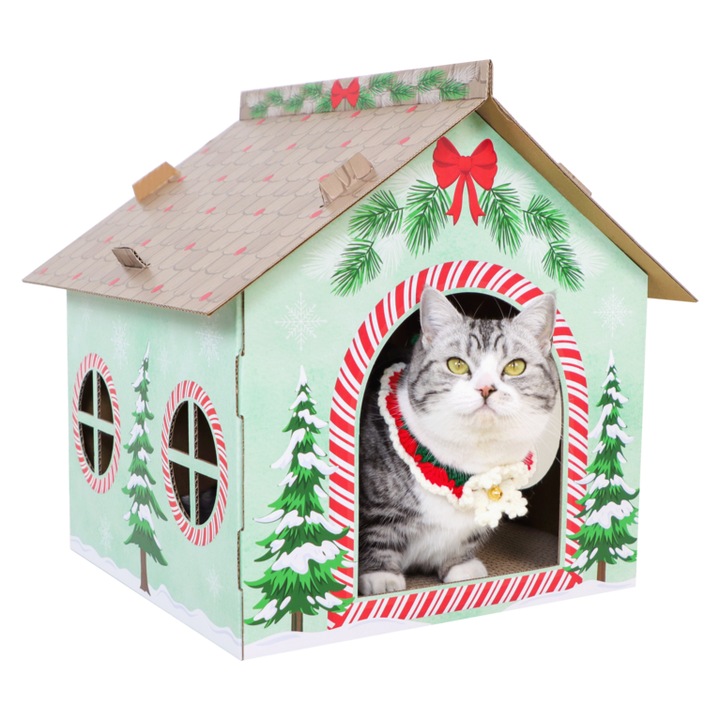 Casa pentru Pisici, Patut Scratcher din Carton Reciclabil, editie limitata de Craciun, Usor de asamblat, Cadouri de sarbatori, 40x40x46.5CM