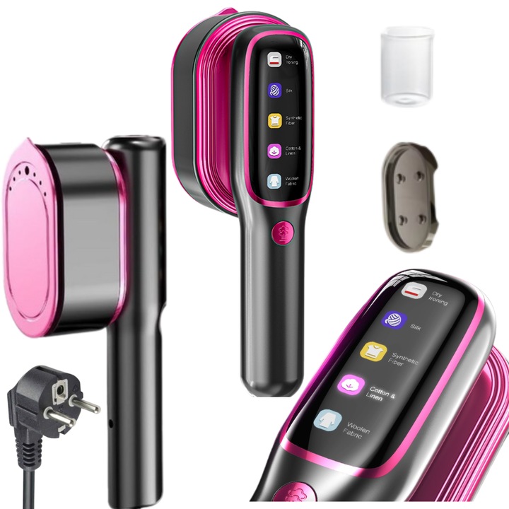 Fier De Calcat aparat de calcat Vertical Si Orinzontal Portabil, PLEMORY® Putere 1200W, Cu Abur Si Talpa Ceramica, Rezervor 100ml, Cablu 2m, Incalzire Rapida,, Functie Umeda/Uscata, Igienizare, Rotire 90°, Display LED-5 moduri de calcare, Buton Touch, Gri