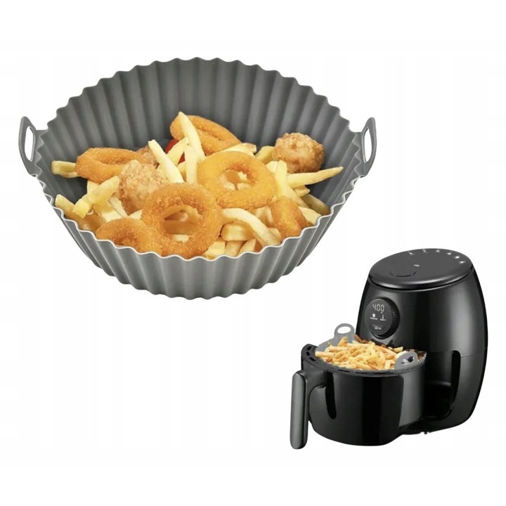 Forma rotunda din silicon 20 cm KANZA pentru air fryer, reutilizabila, rezistenta la temperaturi de pana la 220C, gri