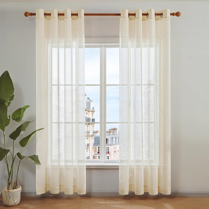 Set 2 perdele Deconovo, semitransparente, cu inele, bej, 140x240cm