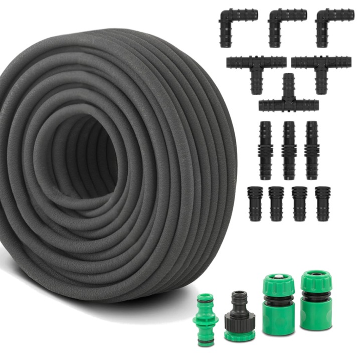 Furtun de udare, Hillvert, 50m, 2 conectori rapizi, economiseste apa, set complet