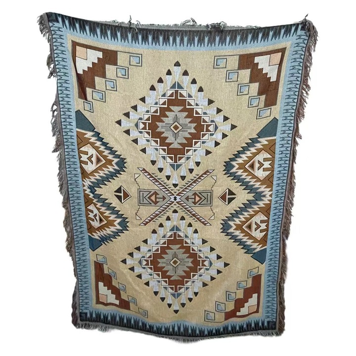 Patura pled multicolor cu imprimeu, 130x160cm, pentru interior-exterior, din policoton, cuvertura de pat 1 persoana