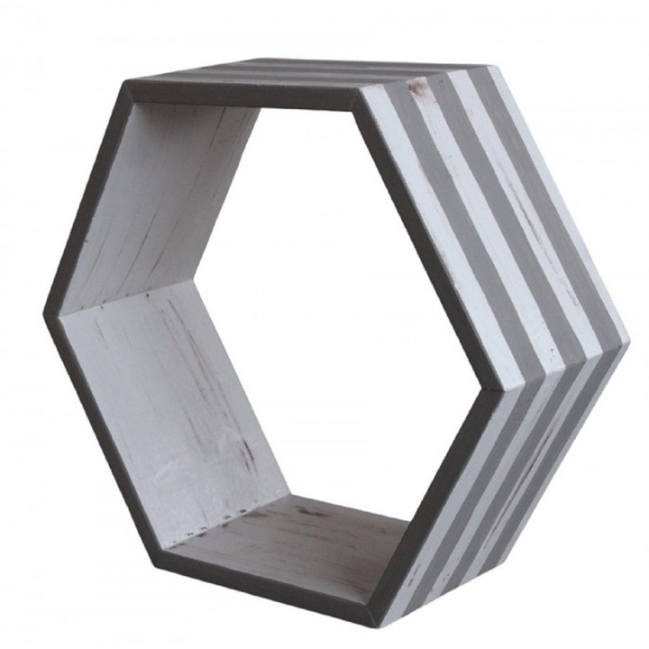 Etajera hexagonala, alb gri, stil vintage, pictata manual, 40 cm