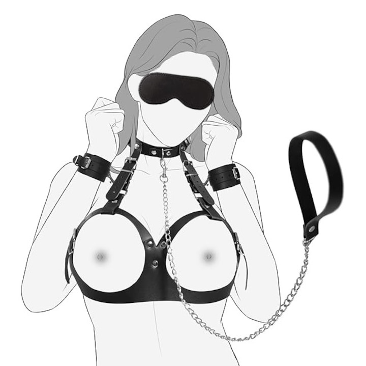 Комплект регулируеми черни кожени аксесоари за бондаж с колан и белезници, универсален