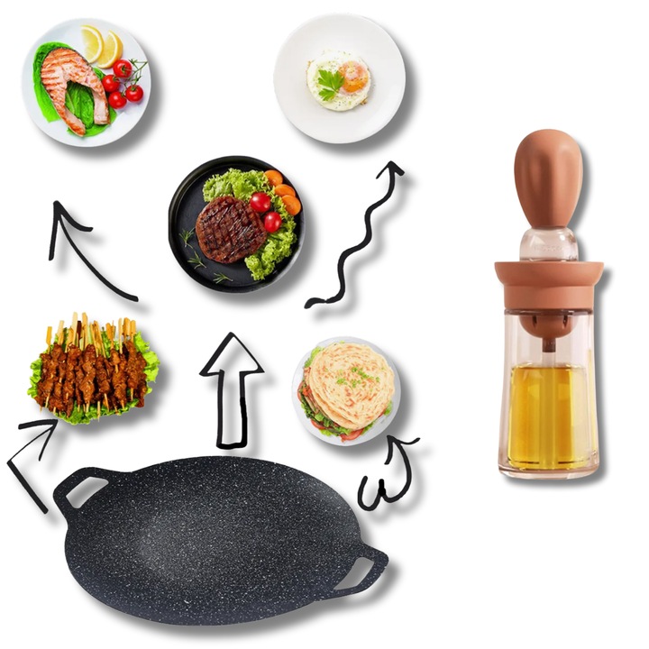 Set Plită japoneză, Luckylu, 38 cm, negru, tigaie antiaderentă rotundă cu mânere și oliviera din sticlă 180ml cu perie din silicon