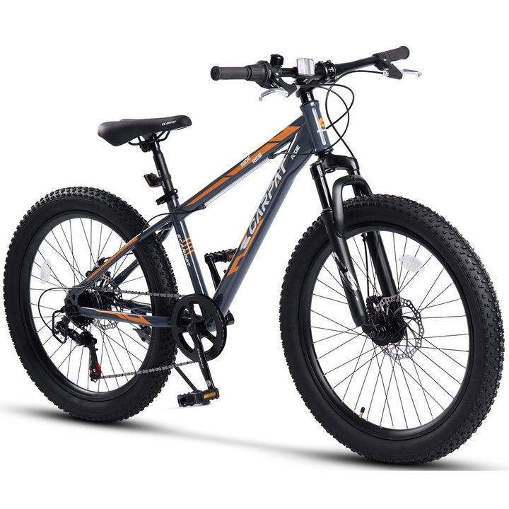 Велосипед MTB ERBS24109C за Деца с Широки Колела 24"*3.0, Оборудване Shimano, Дискови Спирачки, Въртящи Се Ръкохватки Shimano, 7 Скорости, сив, Планински Велосипед E-Carpat Ride New Generation 2025 за деца 9/12 години-Между 130-150 см