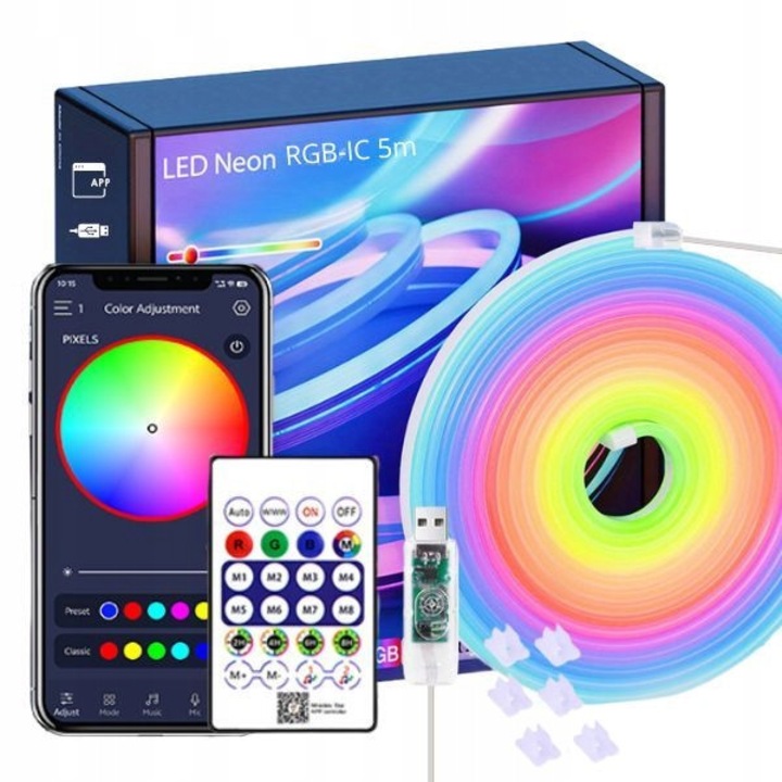 Banda LED Neon 5m RGB cu Bluetooth, aplicatie si telecomanda, rezistenta la apa, Azaris