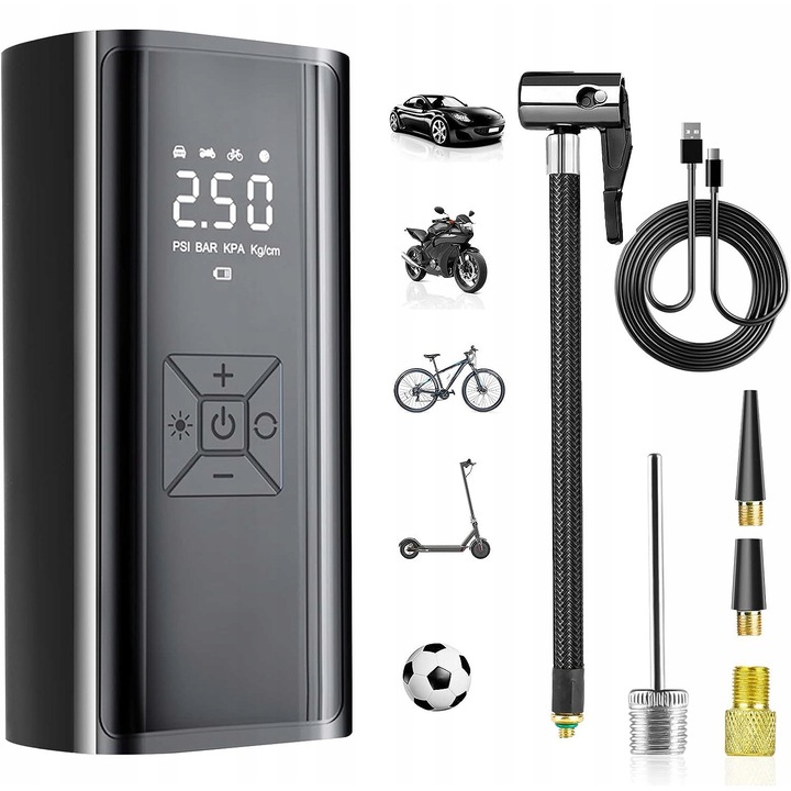 Компресор за кола Azaris, електрическа помпа 150 PSI, батерия 6000 mAh, USB-C, LED, пълен комплект