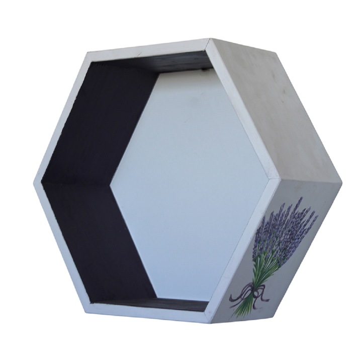 Etajera hexagonala, lemn, lavanda, alb vintage, multicolor, pictata manual, 40 cm