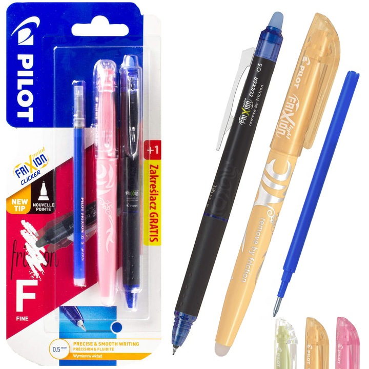 Комплект химикалки Pilot Frixion 0,5 мм, сини, с пълнители и изтриващ маркер, младежки стил