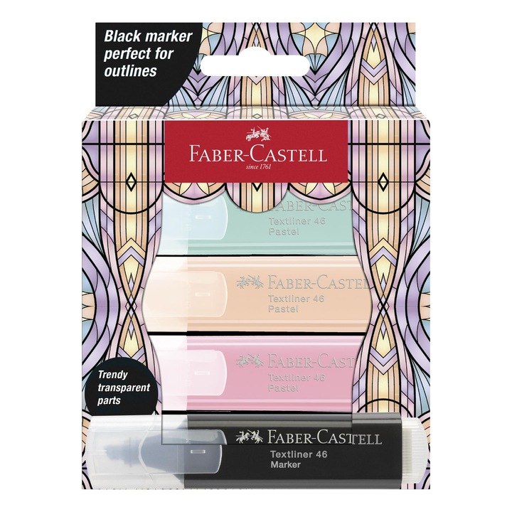 Комплект от 4 маркера Faber-Castell, пастелно зелен, жълт, розов, черен, 1-5мм