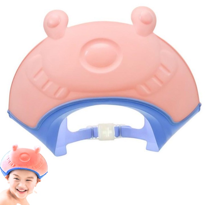 Предпазна Каска за Бебета Infiniteea™ за Баня, Защита за Очи и Уши, Еластична, Регулируема, Силиконова, 20X23см, Модел Жаба, Издръжлив и Удобен Материал, Розова