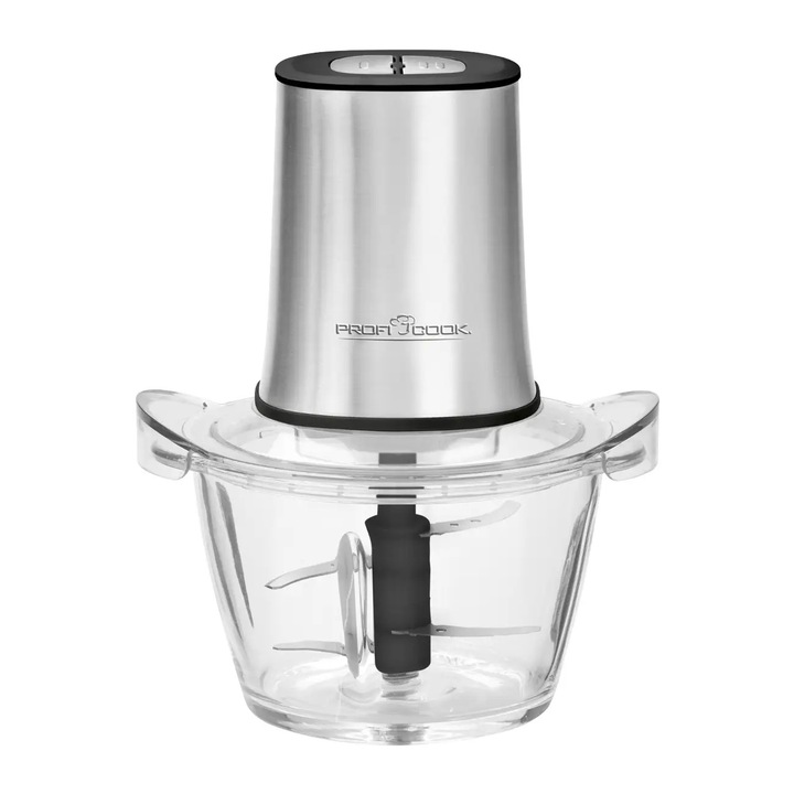 Tocator electric ProfiCook, Multi Chopper, capacitate 1 litru, potrivit pentru maruntire/tocare/zdrobire gheata, 2 trepte de putere, operare cu 2 sau 4 lame, recipient din sticla, baza antiderapanta, usor de curatat, 400 W, inox
