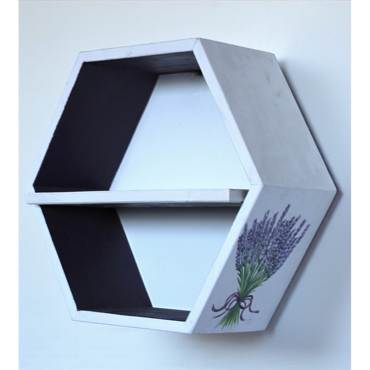 Etajera hexagonala cu polita, lemn, lavanda, alb vintage, multicolor, pictata manual, 40 cm