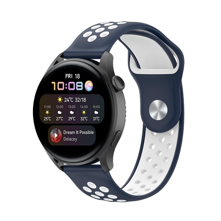 Szíj, Huawei Watch GT2 / GT3 42mm, Samsung Galaxy Watch 4 / 5 / 6 / 7 / FE, Polar Ignite / 2 / 3 / Unite, Amazfit Bip GTR 42mm, GTS 2 / 2e / 3 / 4 / Mini, Garmin Venu / SQ, Vivoactive 3 / 5, Best Accessories, 20mm, Sötétkék / Fehér