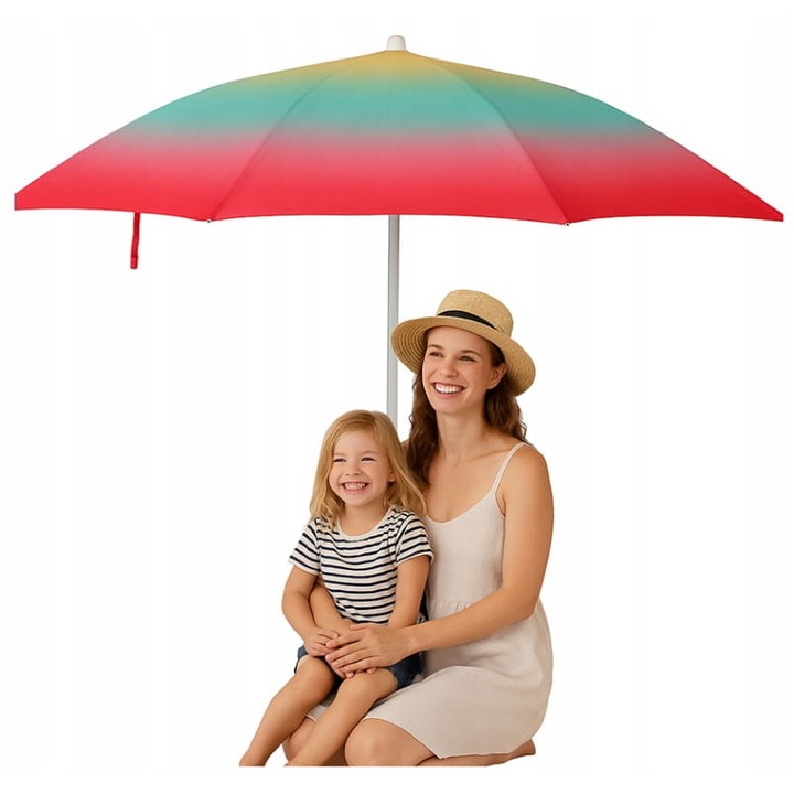 Parasol plaja Rainbow 180cm, protectie UV 50+, multicolor, usor de transportat