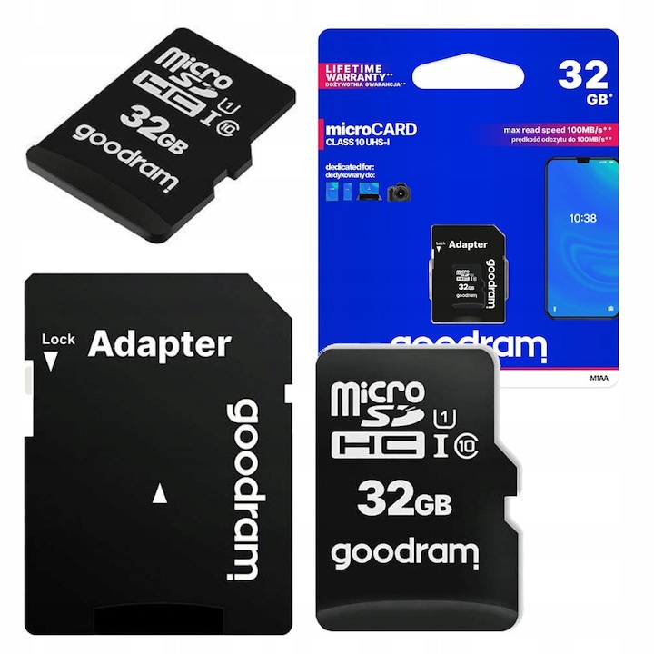 Card de memorie GoodRam 32GB Micro SDHC Clasa 10 UHS-I U1, viteza citire pana la 100 MB/s, cu adaptor SD inclus, ideal pentru telefon, tableta, camera auto, drona, inregistrare Full HD si stocare date