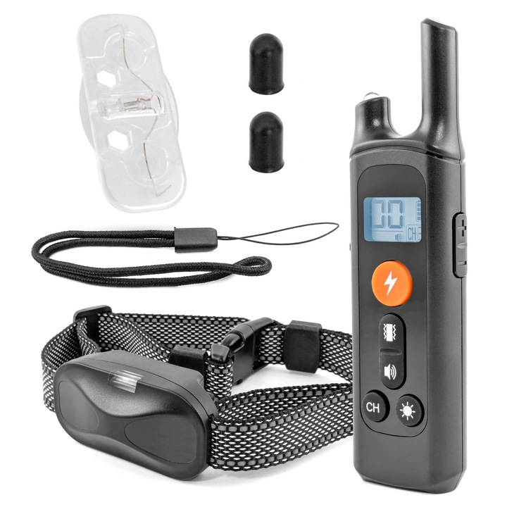 Zgarda electronica profesionala pentru dresaj caini, set complet cu telecomanda, receptor impermeabil IP67, raza actiune 800m, 3 canale, 3 moduri: sunet, vibratii, soc electric reglabil, reincarcabil USB-C, display LCD, lanterna