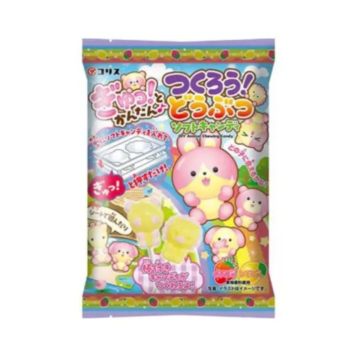 Set DIY Coris Animal Soft Candy 22g, animale pe bat, culori roz si galben, arome capsuna si lamaie
