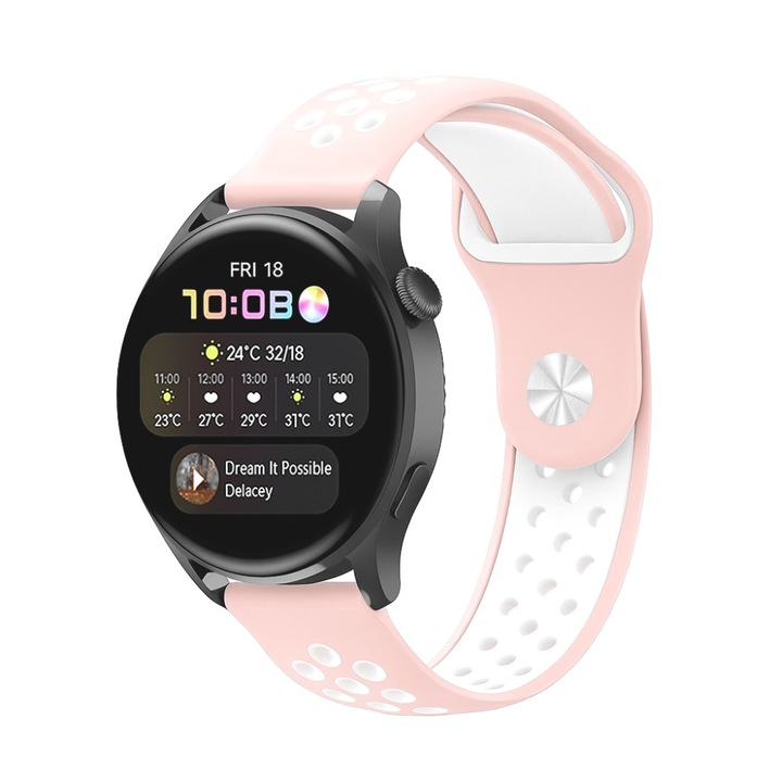 Каишка за Huawei Watch GT2 / GT3 42mm, Samsung Galaxy Watch 4 / 5 / 6 / 7 / FE, Polar Ignite / 2 / 3 / Unite, Amazfit Bip GTR 42mm, GTS 2 / 2e / 3 / 4 / Mini, Garmin Venu / SQ, Vivoactive 3 / 5, Best Accessories, 20mm, Розов / Бял