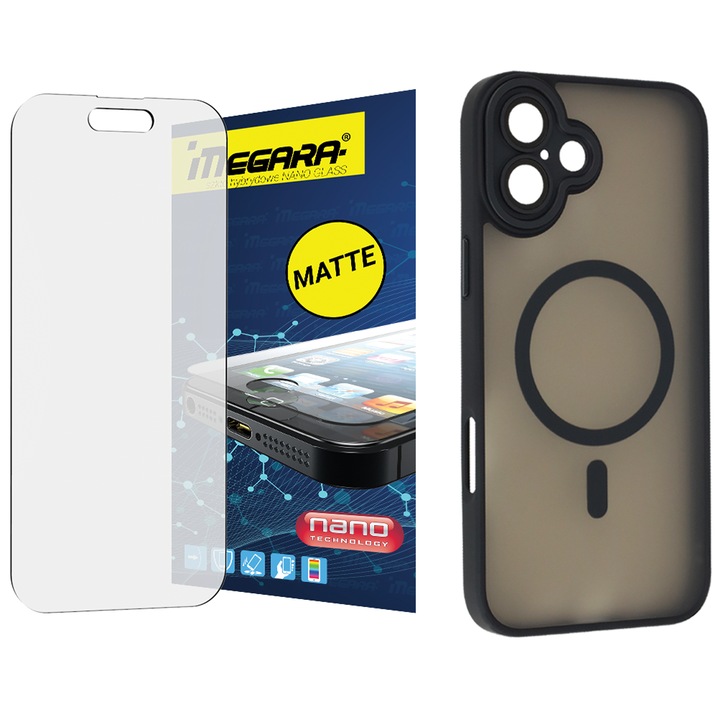 Set protecție MagSafe pentru iPhone 16, Megara, sticlă hibrid mată, carcasa TPU neagră