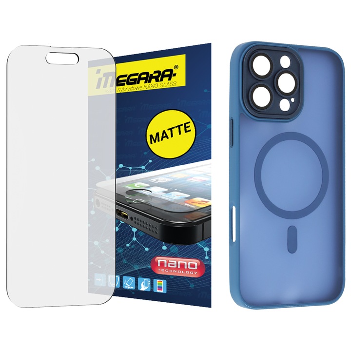 Kit protecție MagSafe pentru iPhone 16 Pro, Megara, sticlă hibridă mată, carcasă TPU, albastru, set