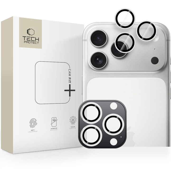 Комплект защита за стъкло на камерата Tech-Protect Camring Fit Plus, алуминий, прозрачен, съвместим с iPhone 14 Pro / 14 Pro Max / 15 Pro / 15 Pro Max / 16 Pro / 16 Pro Max / 17 Pro / 17 Pro Max