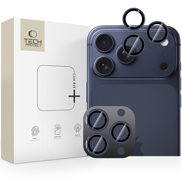 Комплект защита за стъкло на камерата Tech-Protect Camring Fit Plus, син, алуминий и стъкло, за iPhone 14 Pro/14 Pro Max/15 Pro/15 Pro Max/16 Pro/16 Pro Max/17 Pro/17 Pro Max