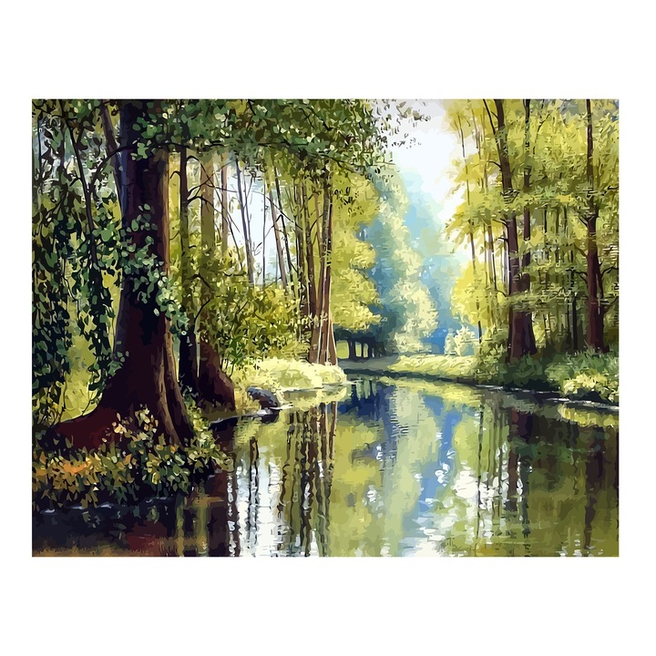 Set pictura pe numere Peisaj in padure 6015, panza bumbac pe rama lemn, 40x50 cm, tablou cu schita, 3 pensule si vopsea acrilica