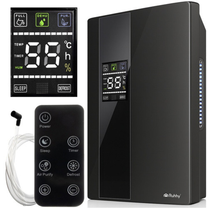 Dezumidificator și purificator de aer Ruhhy, 2 în 1, 90W, negru, 25x14x37.5cm, rezervor 2000ml, operare silențioasă