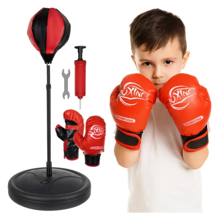 4 az 1-ben gyermek boxszett, Punching Ball rugóval, kesztyű, állítható állvány 70-104 cm, többszínű, 3 éves kortól