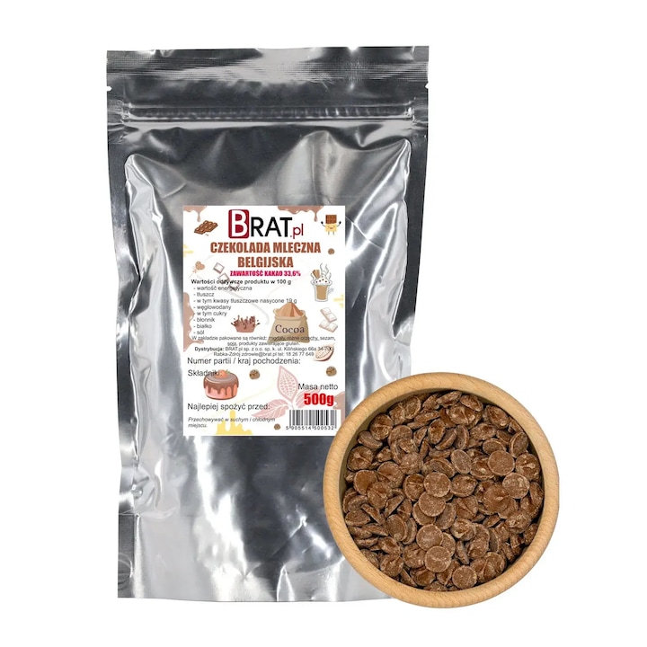 Ciocolata belgiana cu lapte 500g, pastile, ambalaj doypack