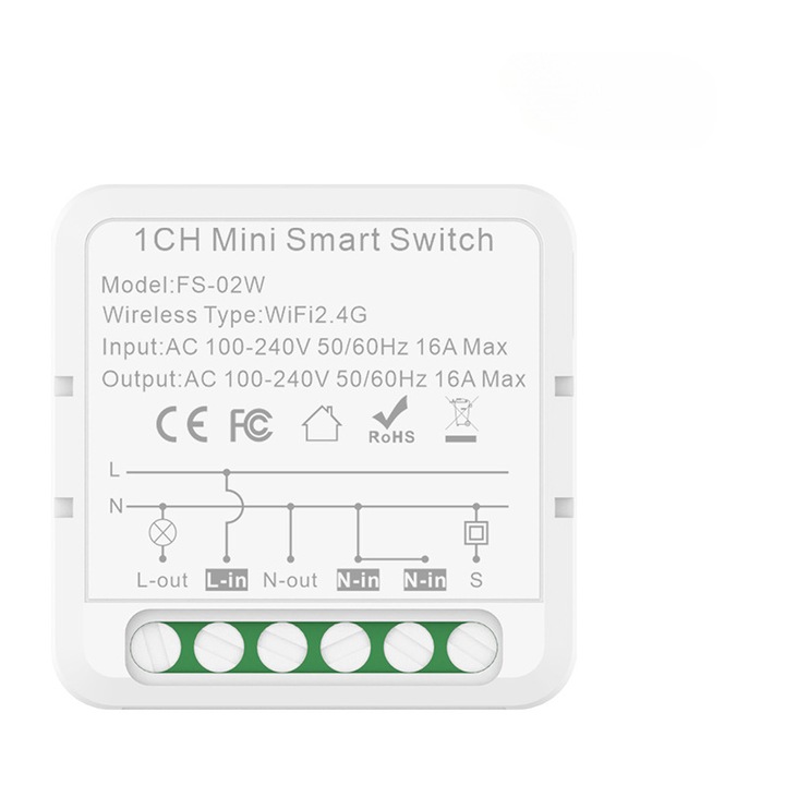 Comutator Wi-Fi Tuya Smart, compact, alb, 41x41x22mm