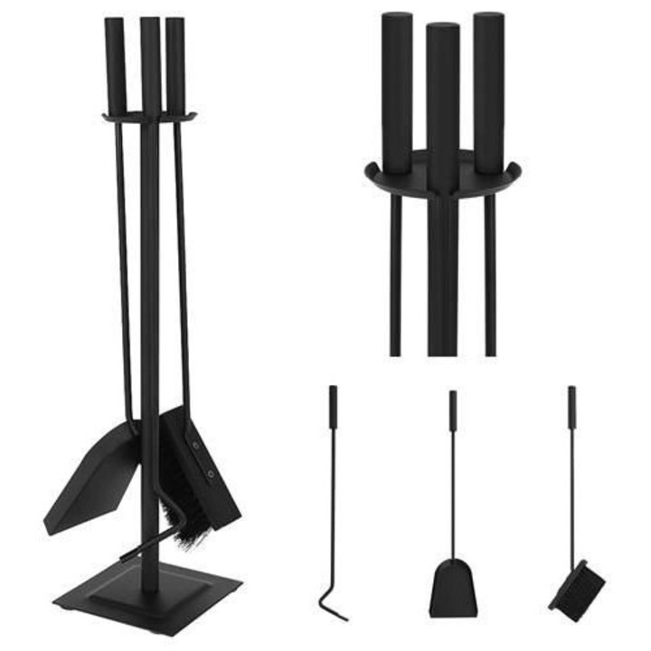 Set accesorii pentru semineu 4 in 1, Kaminer, otel inoxidabil, finisaj mat, suport stabil cu picioare antiderapante, manere ergonomice, culoare neagra