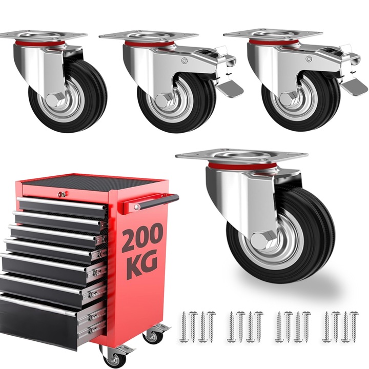 Set 4 roti pivotante, Bedee®, 80mm, 200kg, Frana integrata, roti silentioase cu baza din cauciuc, negru/argintiu