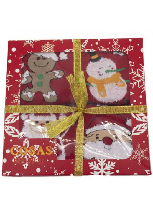 Set patru perechi de sosete cu imprimeu de Craciun, marime 35-38 si cutie cadou, rosu, Velve