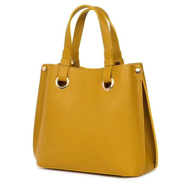 Geantă damă myOwn Ilona galben mustar, piele naturală, 3 compartimente, dimensiuni 24x25x12cm