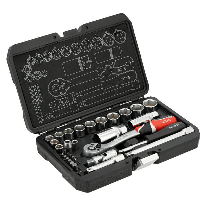 Set unelte YATO 34 piese 1/4" / 3/8", din otel CrV, 72 dinti, cu valiza de transport